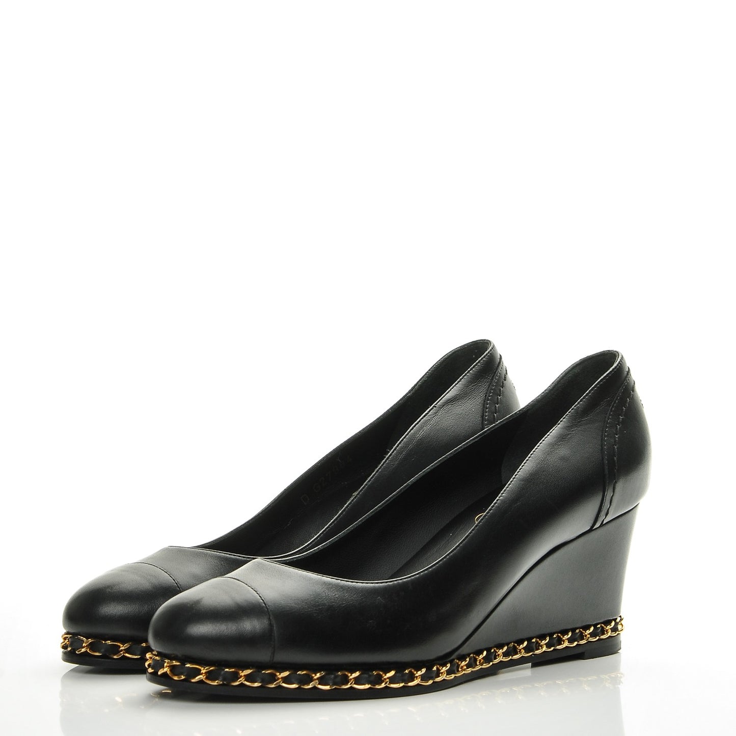 Calfskin Cap Toe Chain Wedge Pumps 37 Black