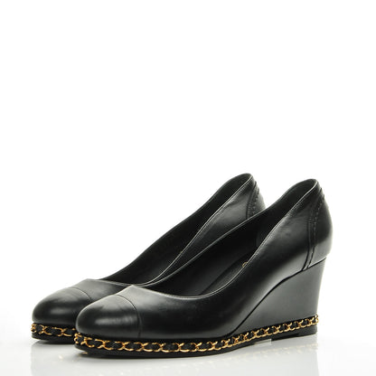 Chanel Calfskin Cap Toe Chain Wedge Pumps 37 Black 3 of 8