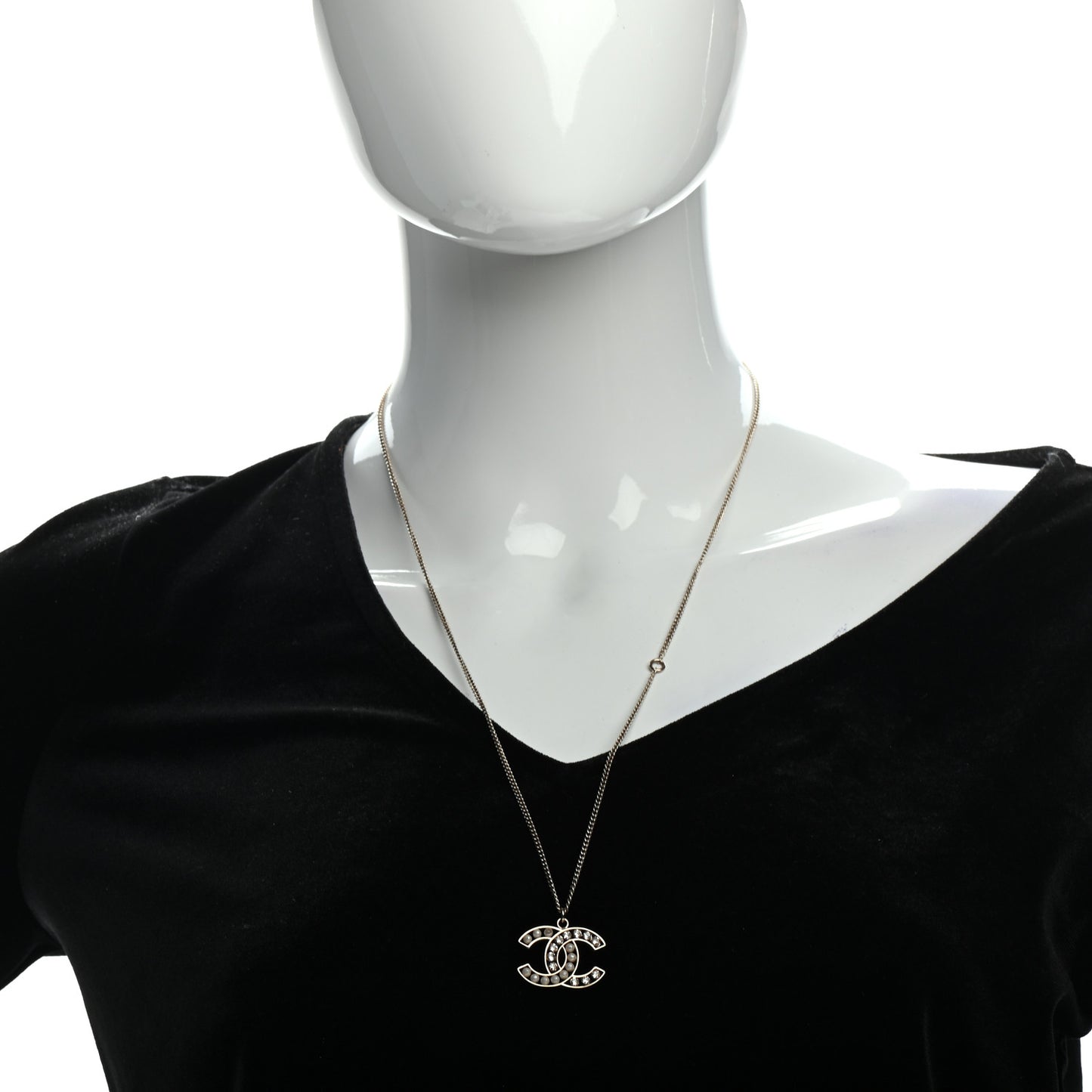 Pearl Crystal CC Pendant Necklace Gold