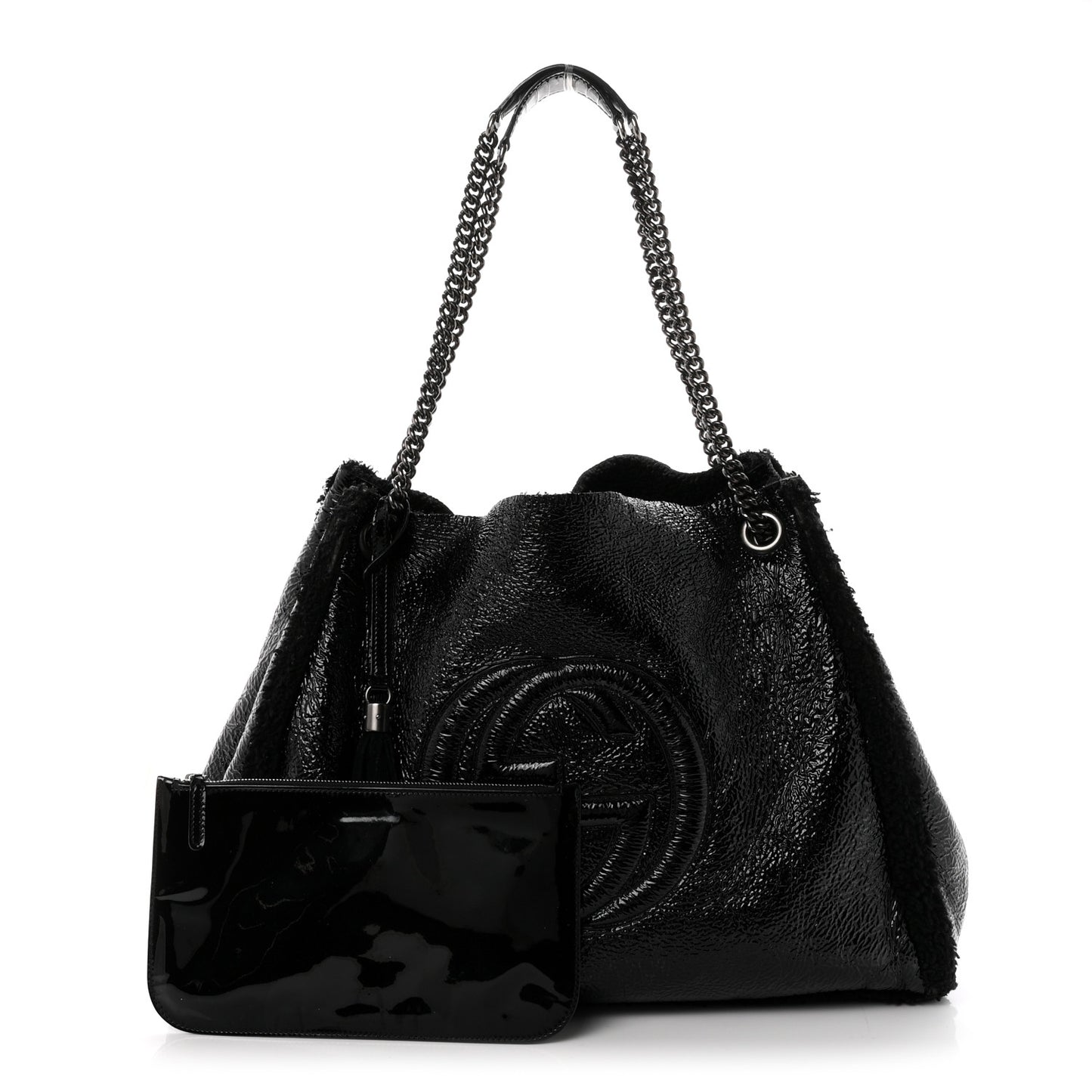 Patent Shearling Large Soho Chain Shoulder Bag Black