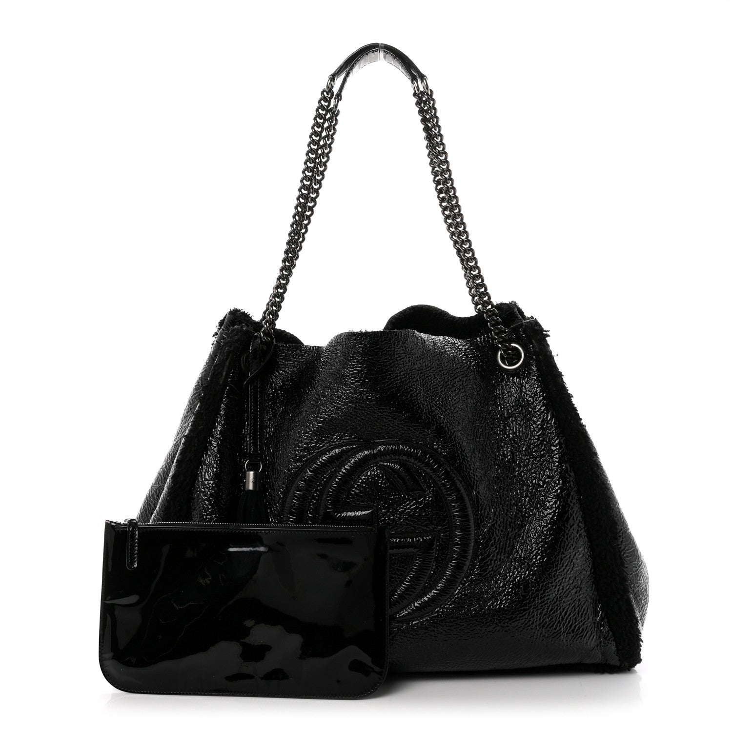 Gucci Patent Shearling Large Soho Chain Shoulder Bag Black 3 of 11