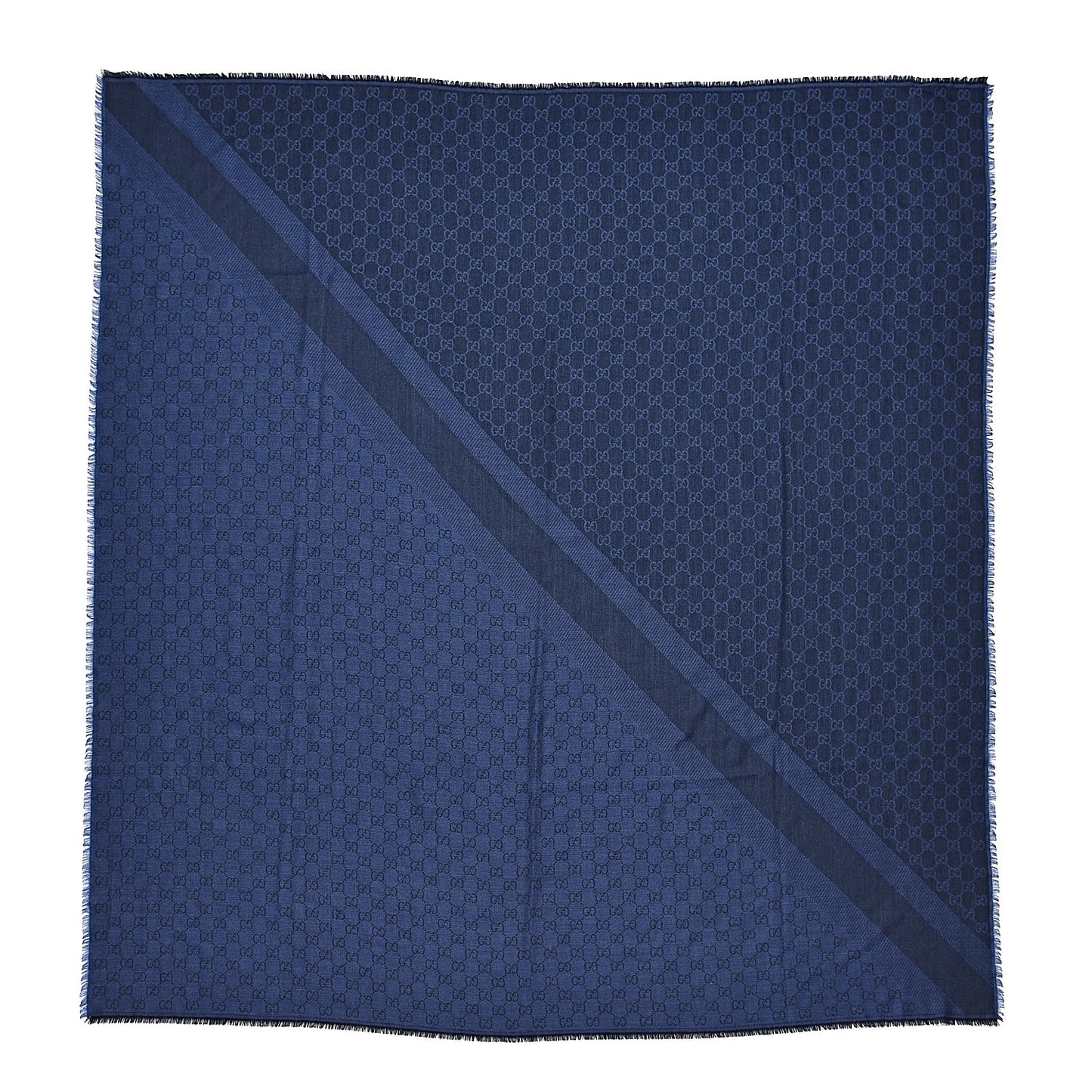 Wool Silk Monogram GGWeb Fringe Shawl Navy Blue