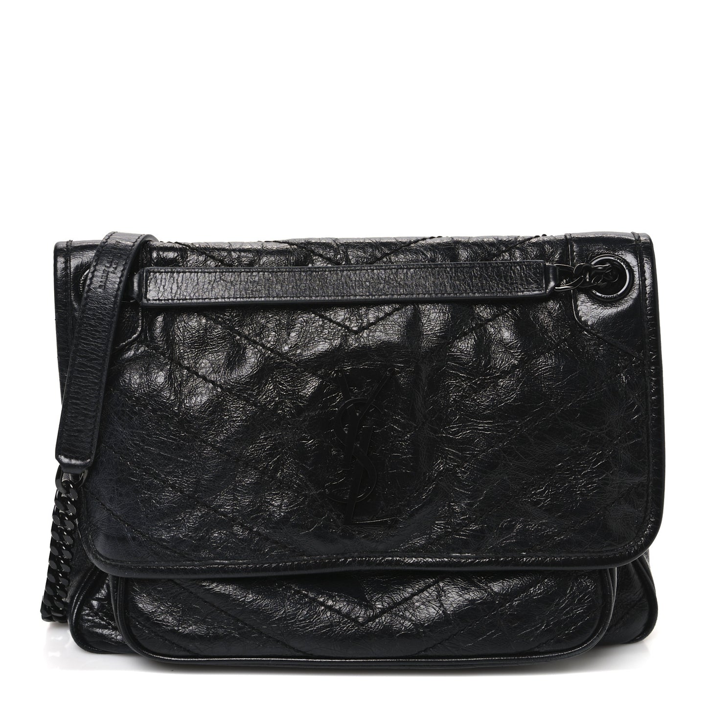 Crinkled Calfskin Matelasse Monogram Medium Niki Chain Satchel Black