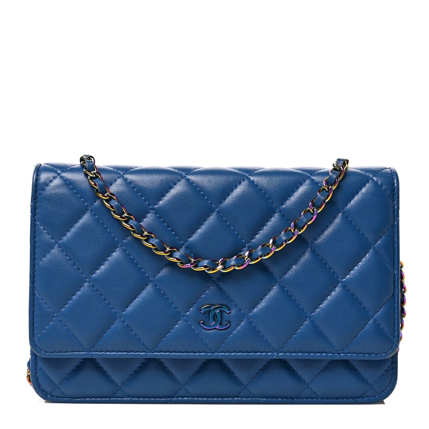 Lambskin Quilted Wallet On Chain WOC Dark Blue Pink