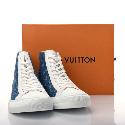 Louis Vuitton Calfskin Denim Monogram Mens Tattoo Sneaker Boots 11 Blue White 12 of 12