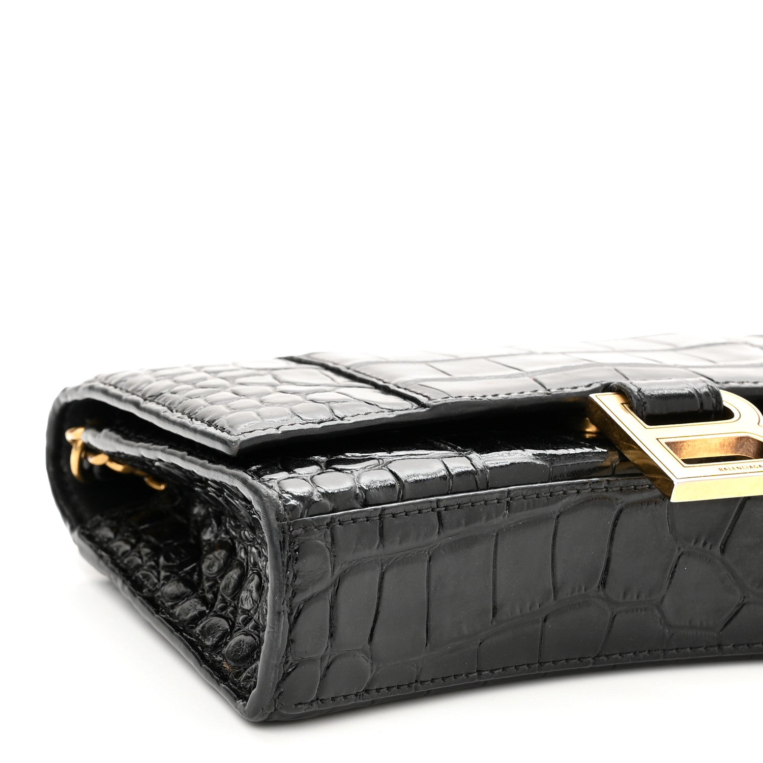 Balenciaga Shiny Calfskin Crocodile Embossed Hourglass Chain Bag Black 8 of 11