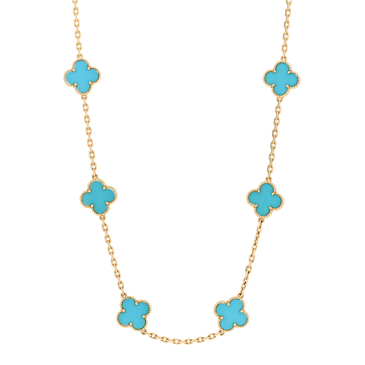 18K Yellow Gold Turquoise 10 Motifs Vintage Alhambra Necklace