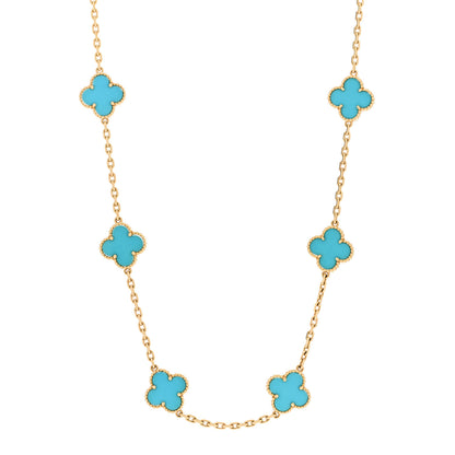 Van Cleef & Arpels 18K Yellow Gold Turquoise 10 Motifs Vintage Alhambra Necklace 1 of 5