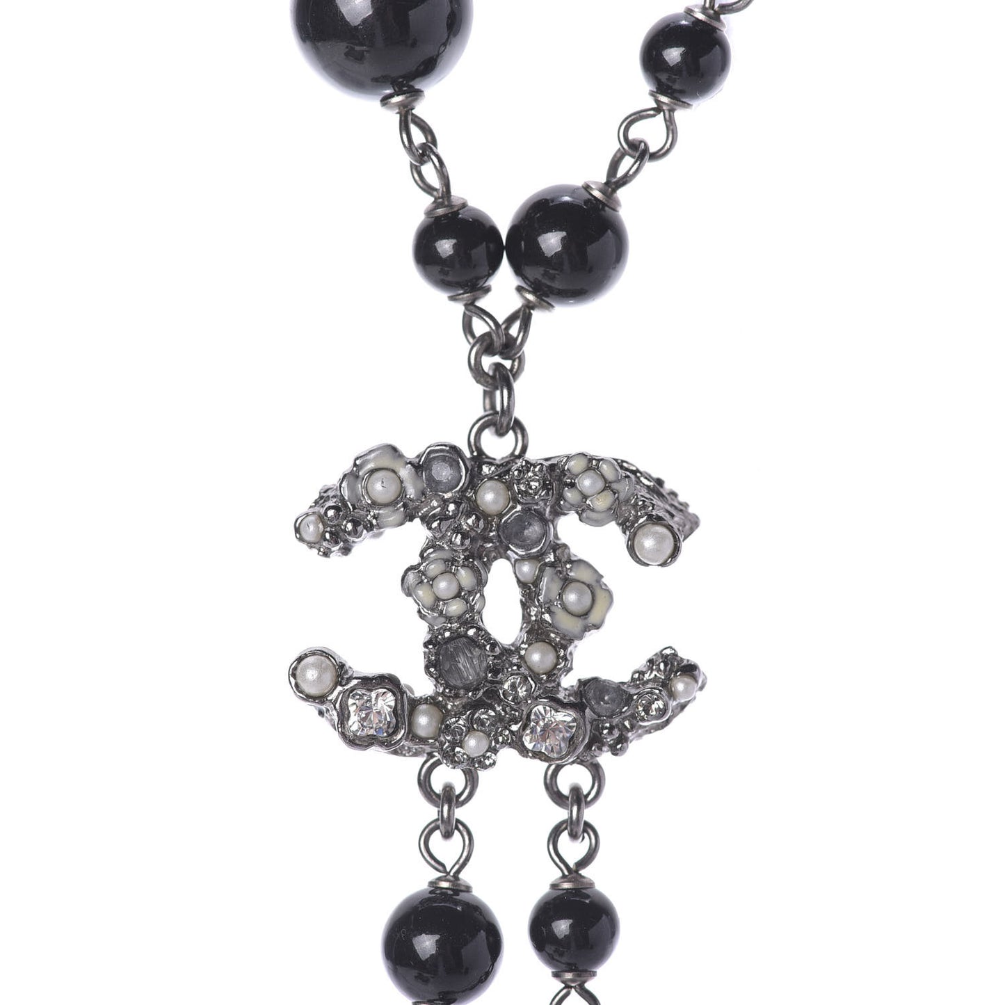 Crystal Pearl Beaded Enamel Camellia CC Pendant Necklace Silver Black