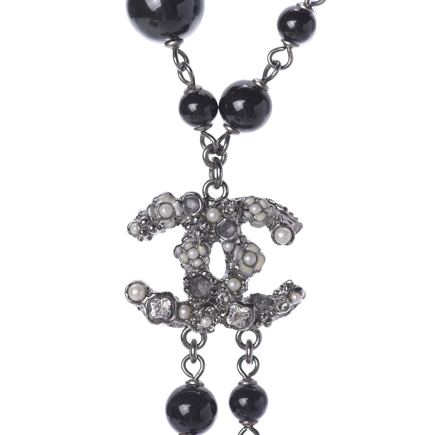 Chanel Crystal Pearl Beaded Enamel Camellia CC Pendant Necklace Silver Black 4 of 9