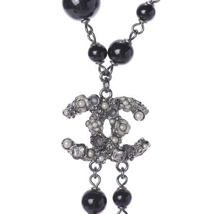 Chanel Crystal Pearl Beaded Enamel Camellia CC Pendant Necklace Silver Black 4 of 9