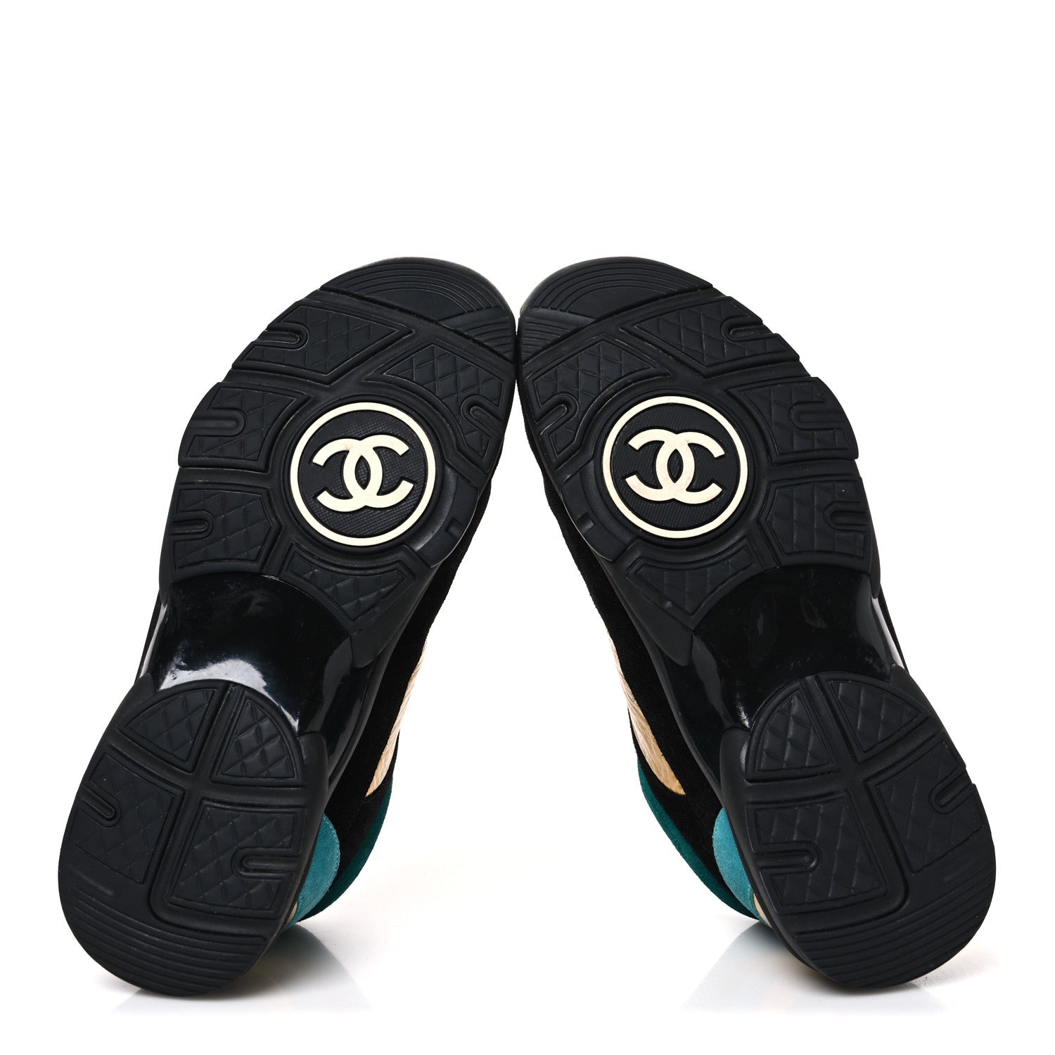 Chanel Fabric Calfskin Suede CC Womens Sneakers 39 Black Turquoise Gold 39 Black Turquoise Gold 7 of 10