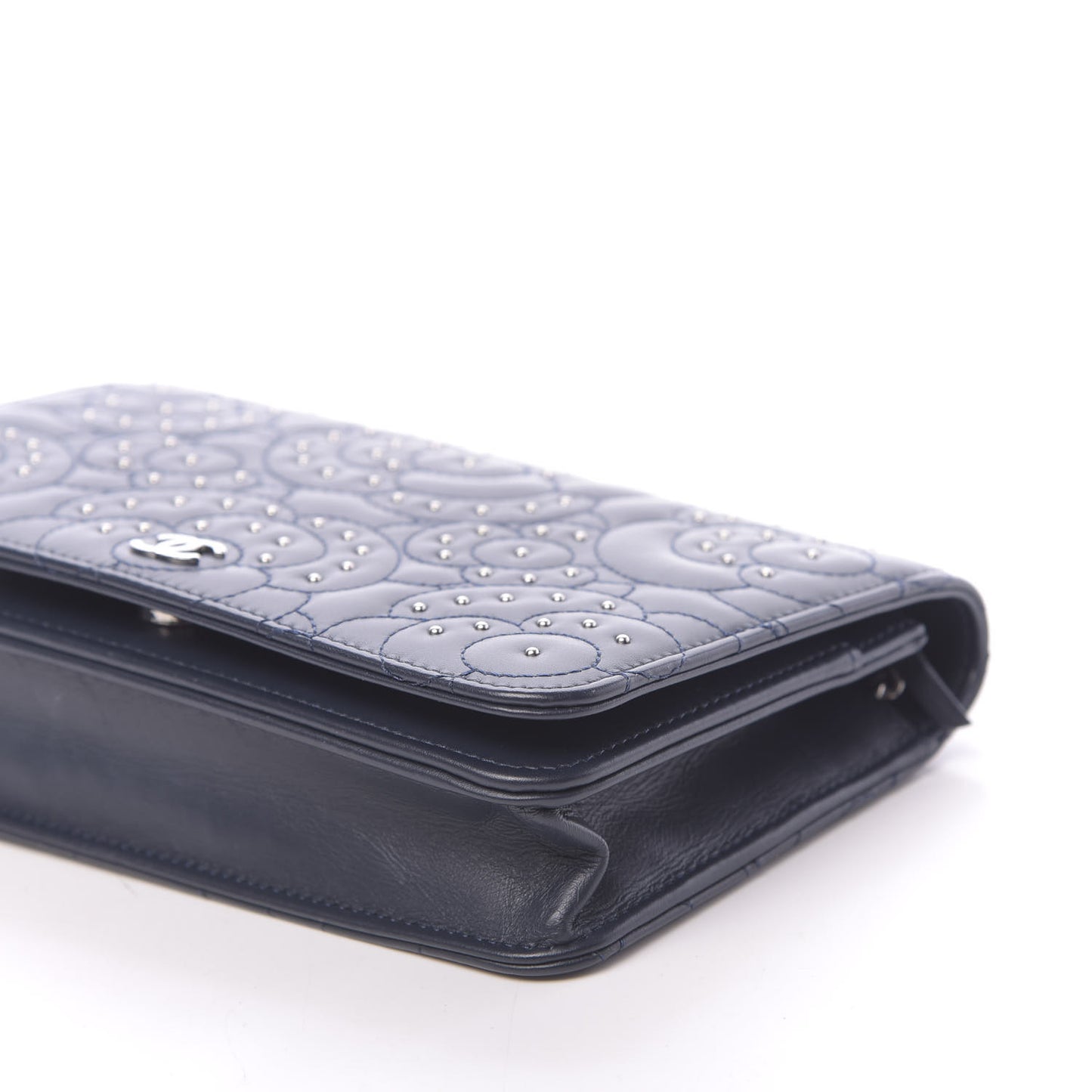 Lambskin Camellia Studded Wallet on Chain WOC Navy