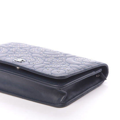 Chanel Lambskin Camellia Studded Wallet on Chain WOC Navy 10 of 12