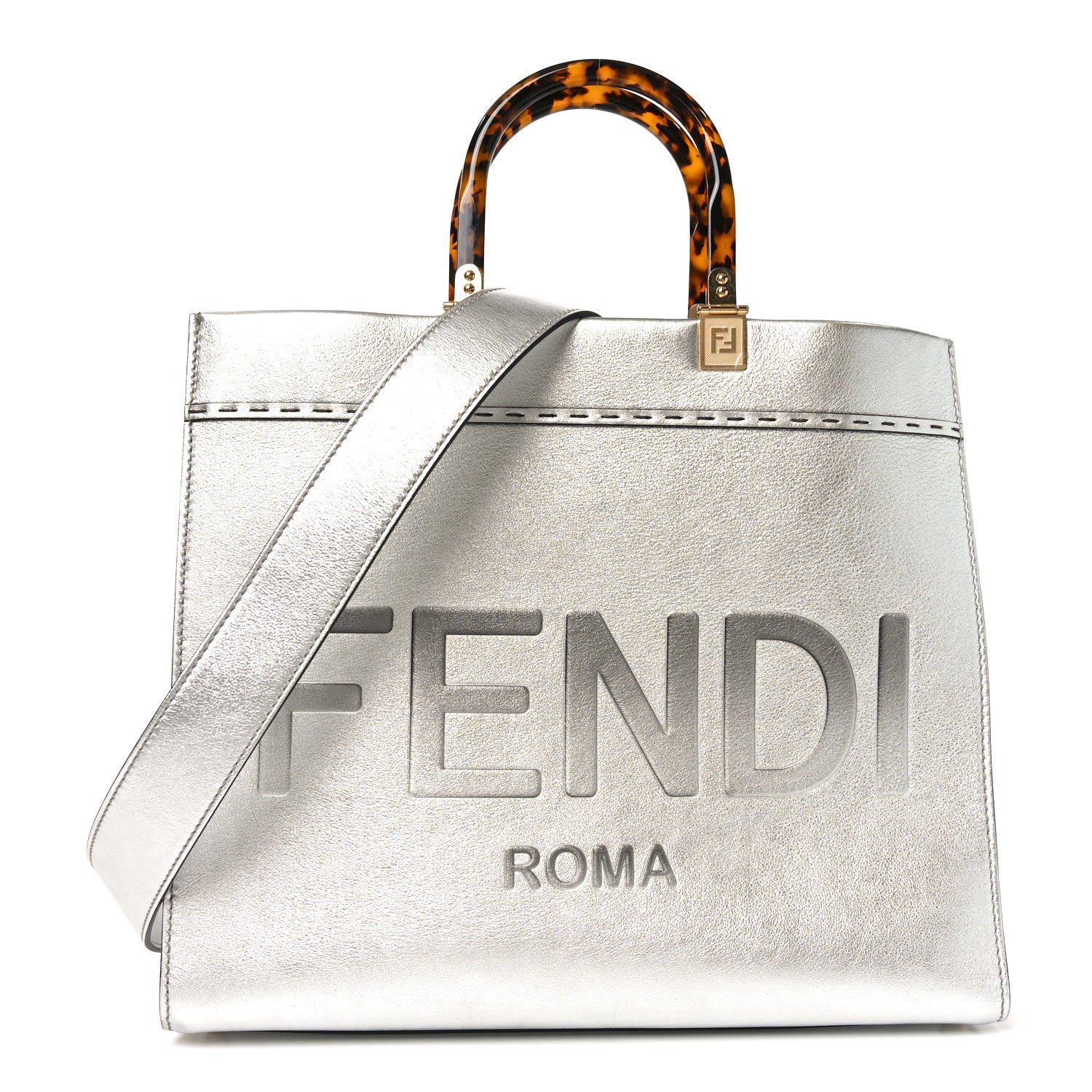 Fendi Vitello Catalan Mirror Plexiglass Logo Embossed Medium Fendi Sunshine Shopper Tote Argento 1 of 10