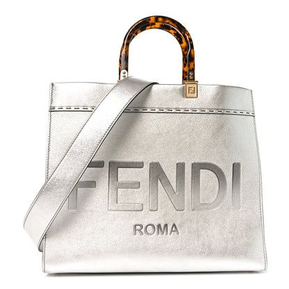 Fendi Vitello Catalan Mirror Plexiglass Logo Embossed Medium Fendi Sunshine Shopper Tote Argento 1 of 10