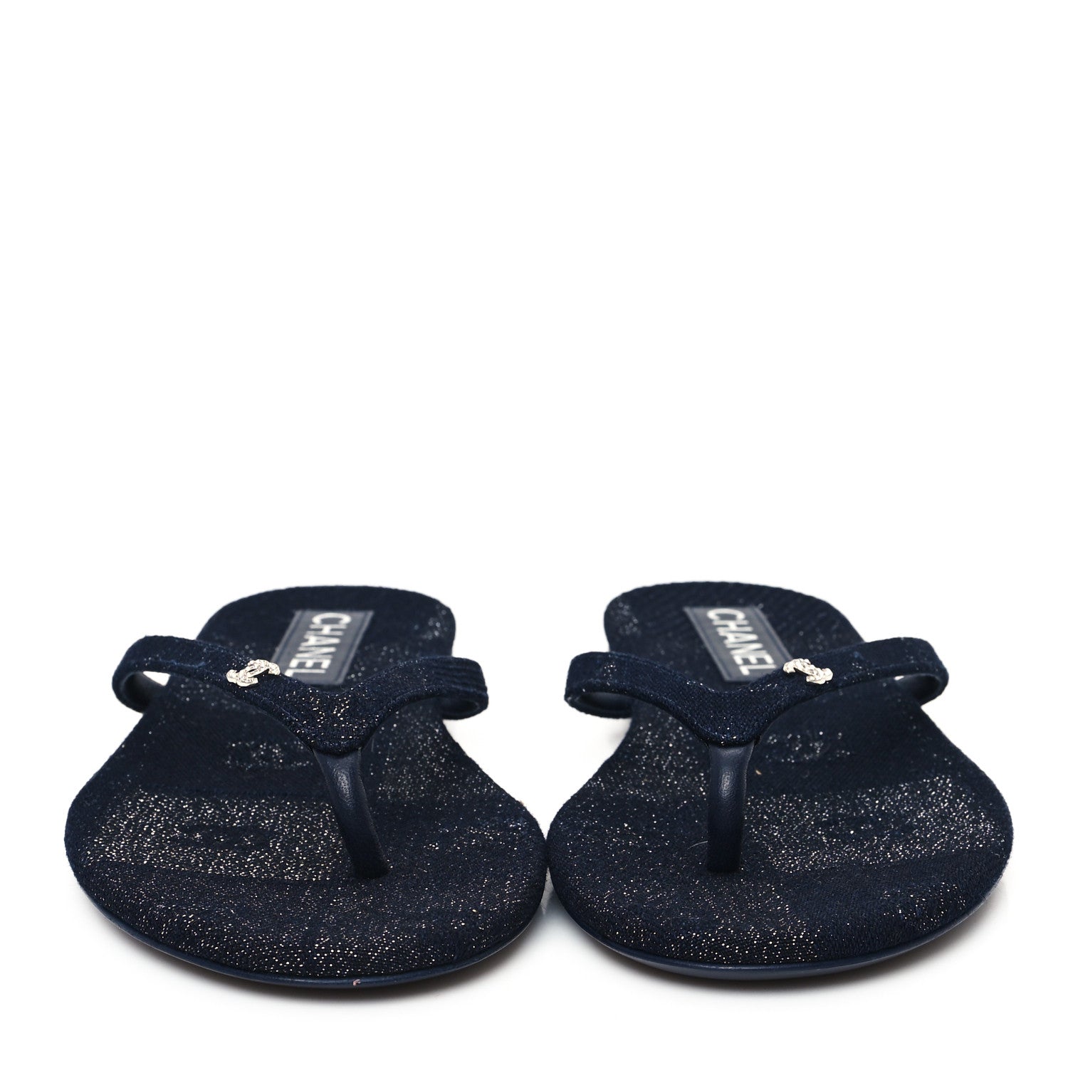 Chanel Cotton SIlk Crystal CC Thong Sandals 40 Dark Blue Silver 3 of 10