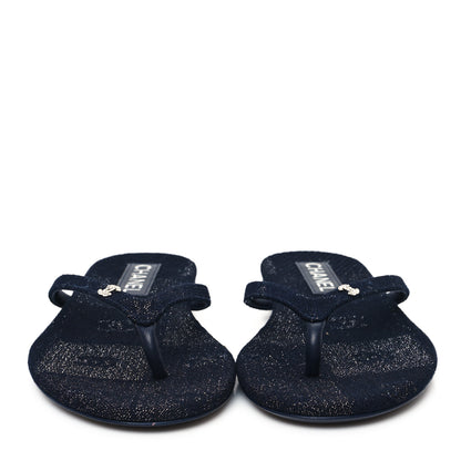 Chanel Cotton SIlk Crystal CC Thong Sandals 40 Dark Blue Silver 3 of 10
