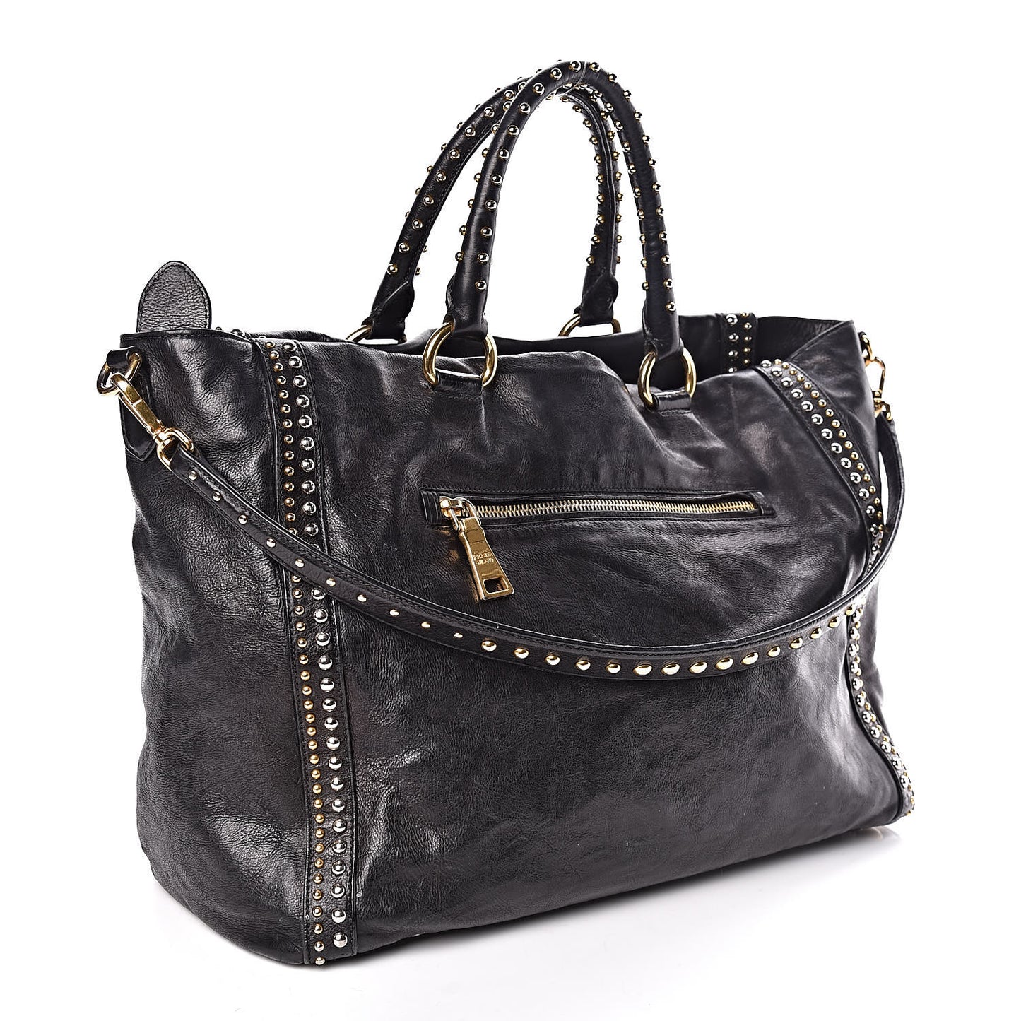 Glace Calfskin Studded Shoulder Bag Black