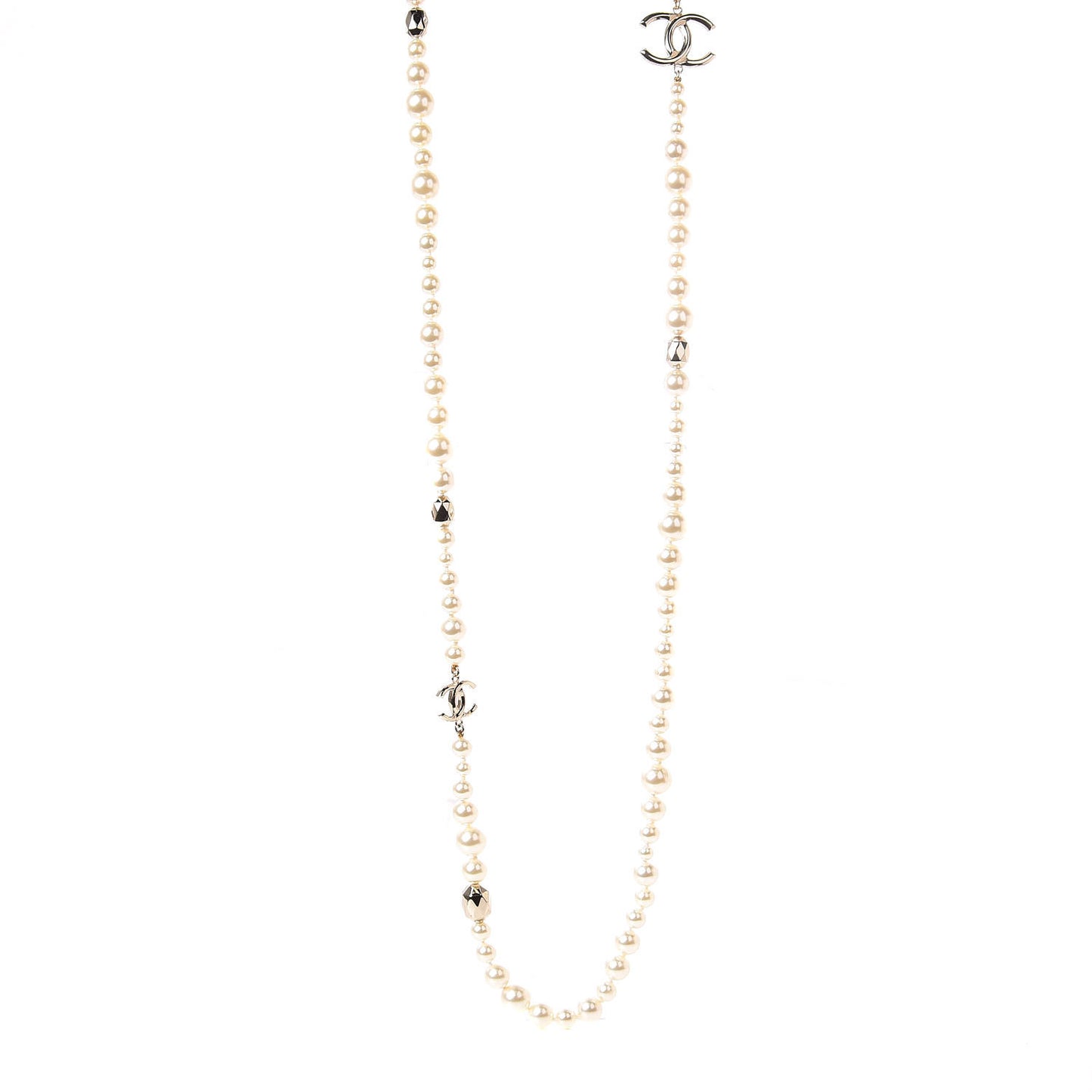 Resin Pearl Metal CC Long Necklace in Golden Pearly Beige