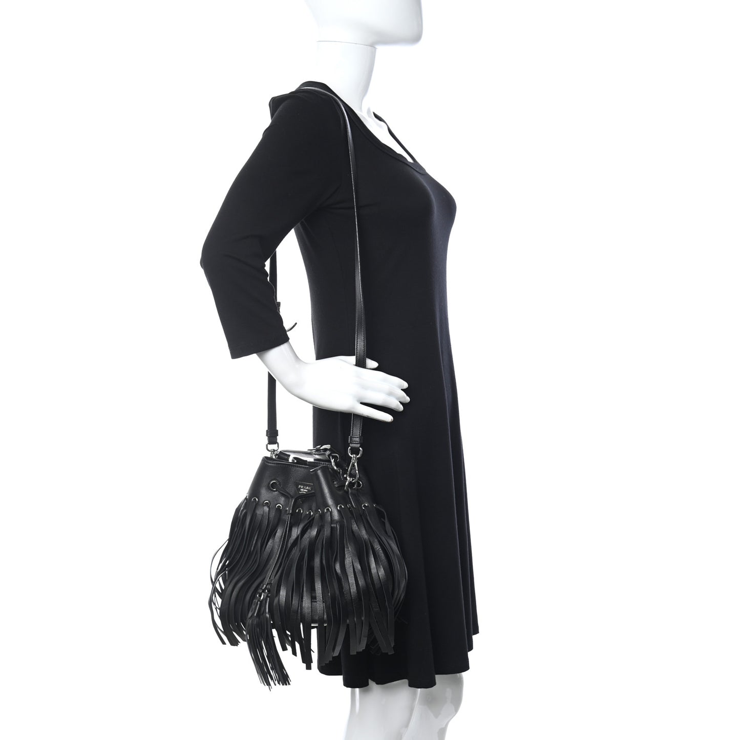 Soft Calfskin Fringe Bucket Bag Black