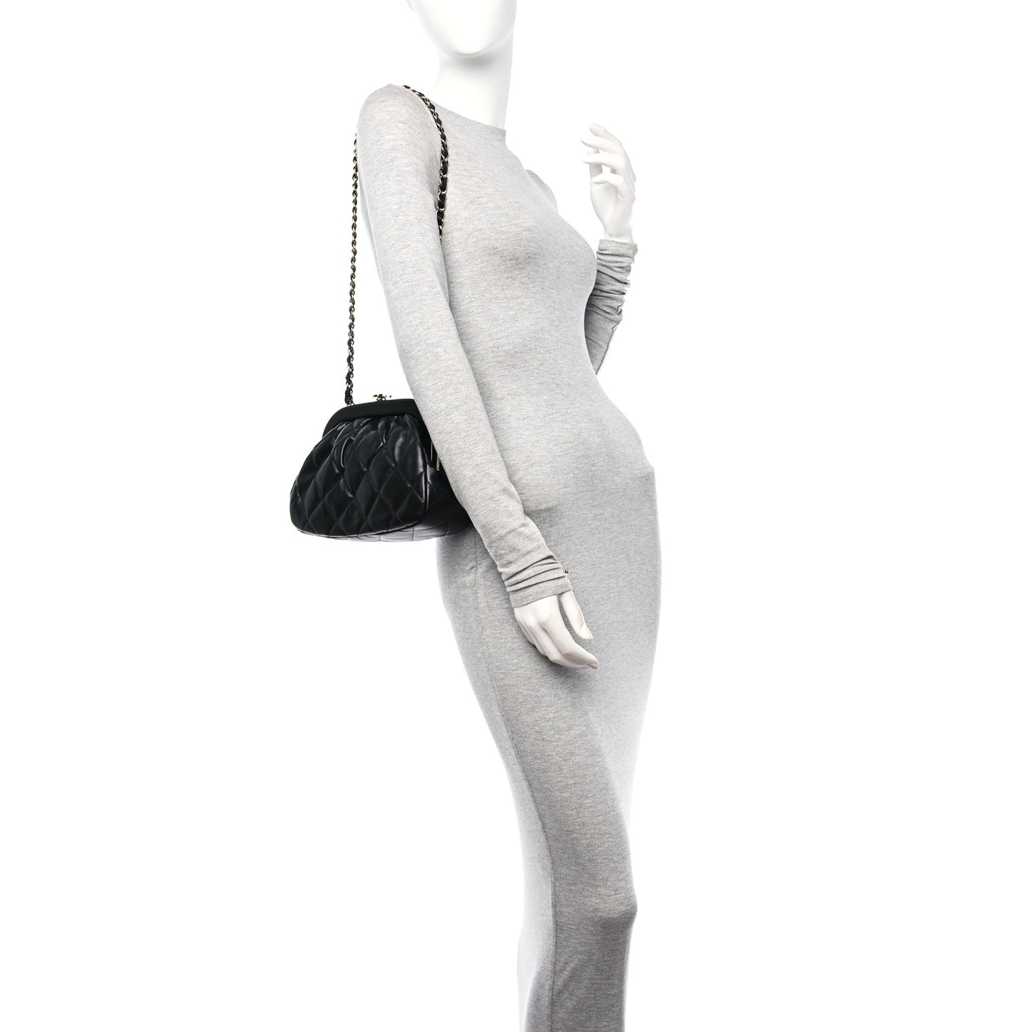 Lambskin Quilted CC Kisslock Clutch Black