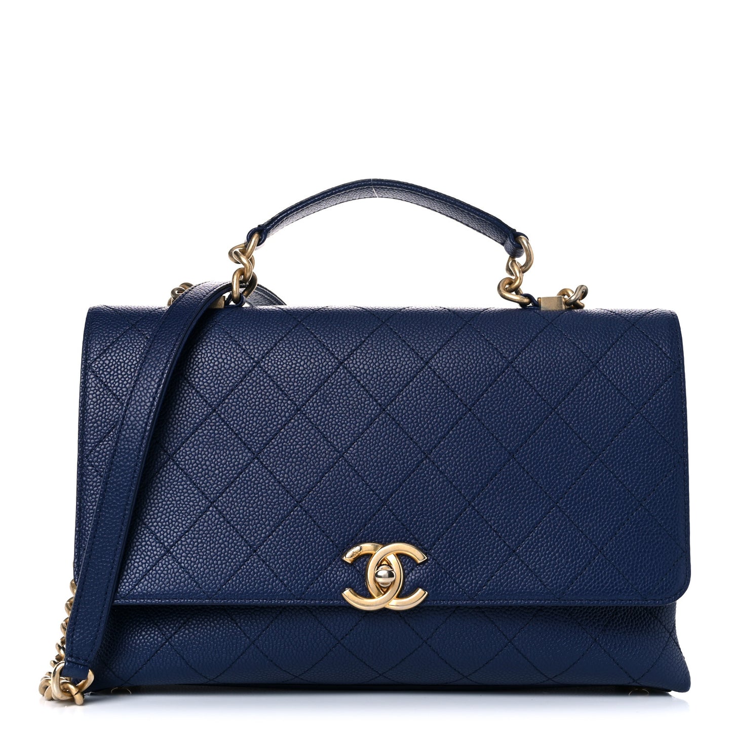 Caviar Diamond Stitched Top Handle Flap Navy