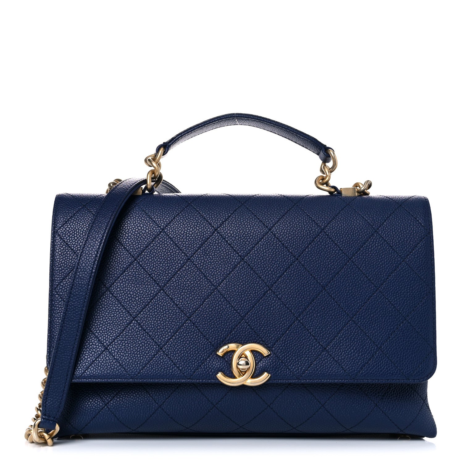 Chanel Caviar Diamond Stitched Top Handle Flap Navy 1 of 11