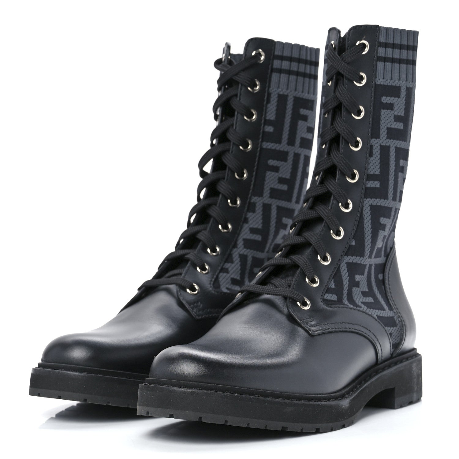 Fendi Calfskin Stretch Fabric FF Rockoko Biker Boots 38.5 Black Charcoal 3 of 8