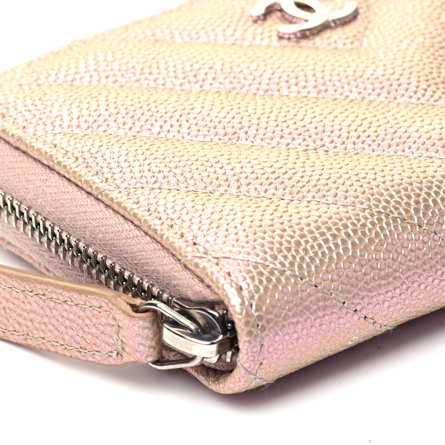 Chanel Metallic Caviar Chevron Quilted Zip Around Coin Purse Light Gold 8 of 10