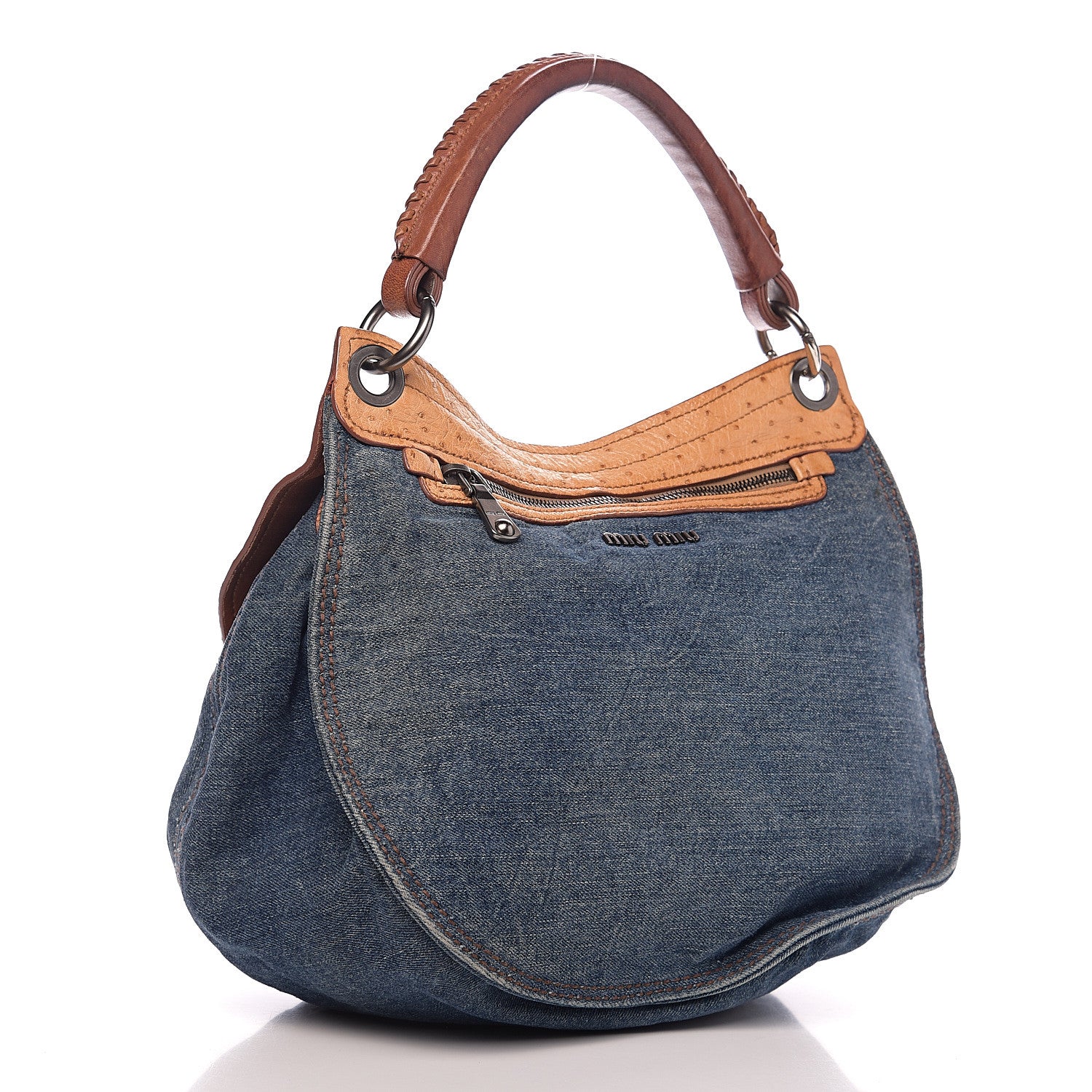 Miu Miu Ostrich Denim Hobo 2 of 10