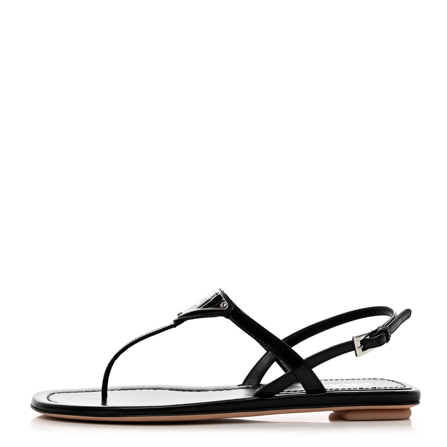 Prada Vernice Metal Triangle Logo Slingback Flat Thong Sandals 36 Black 1 of 9