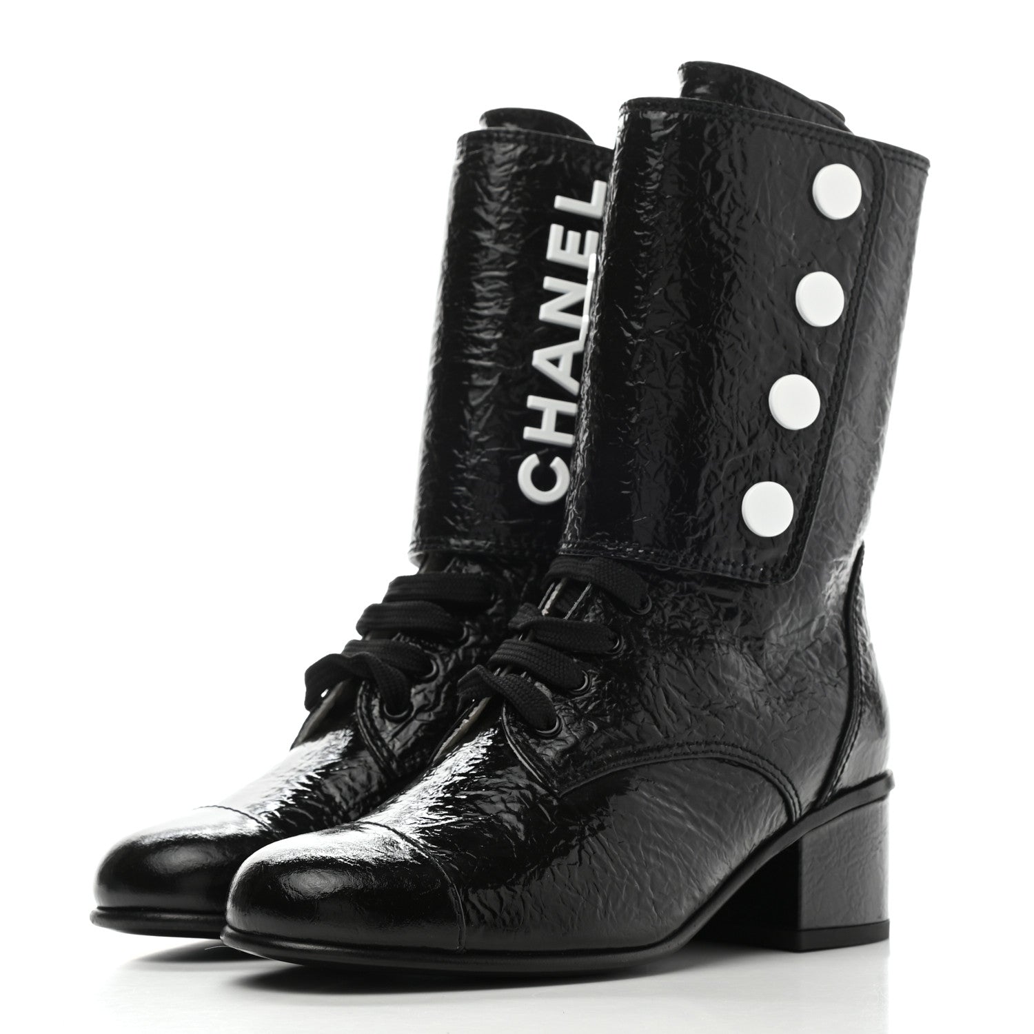 Chanel Patent Goatskin Cap Toe CC Lace Up Boots 35.5 Black 3 of 9