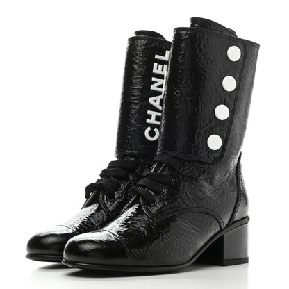 Chanel Patent Goatskin Cap Toe CC Lace Up Boots 35.5 Black 3 of 9