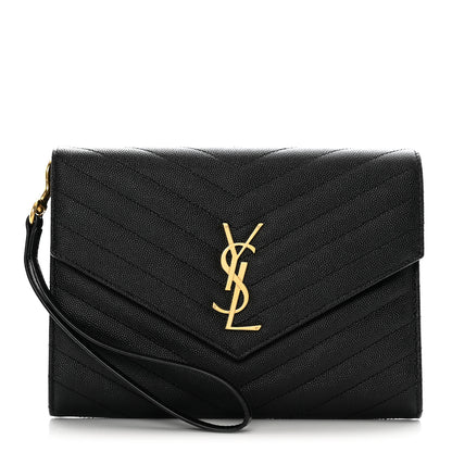 Saint Laurent Grain De Poudre Matelasse Chevron Monogram Envelope Clutch Black 1 of 9