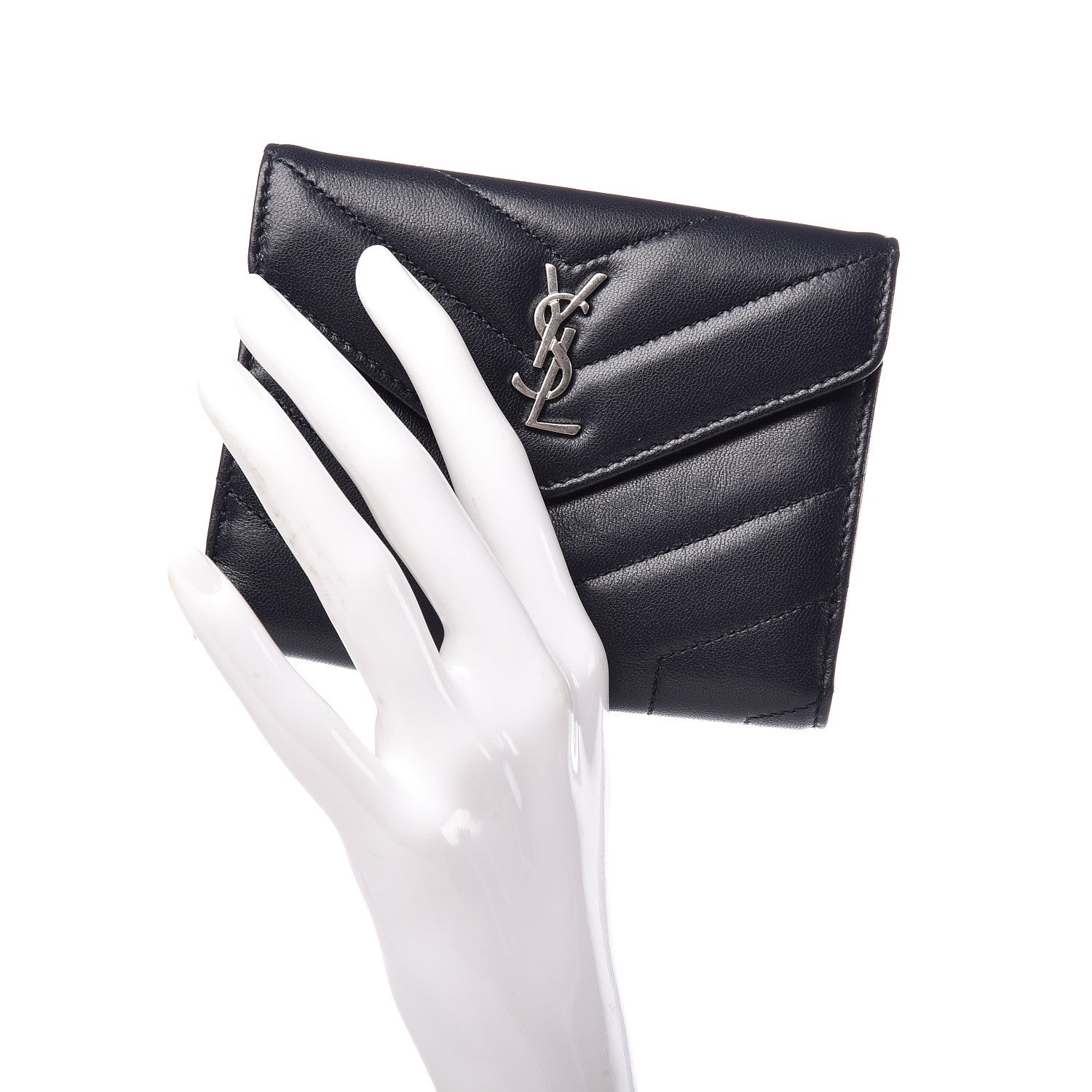 Saint Laurent Lambskin Y Quilted Monogram Compact Loulou Wallet Navy 2 of 7