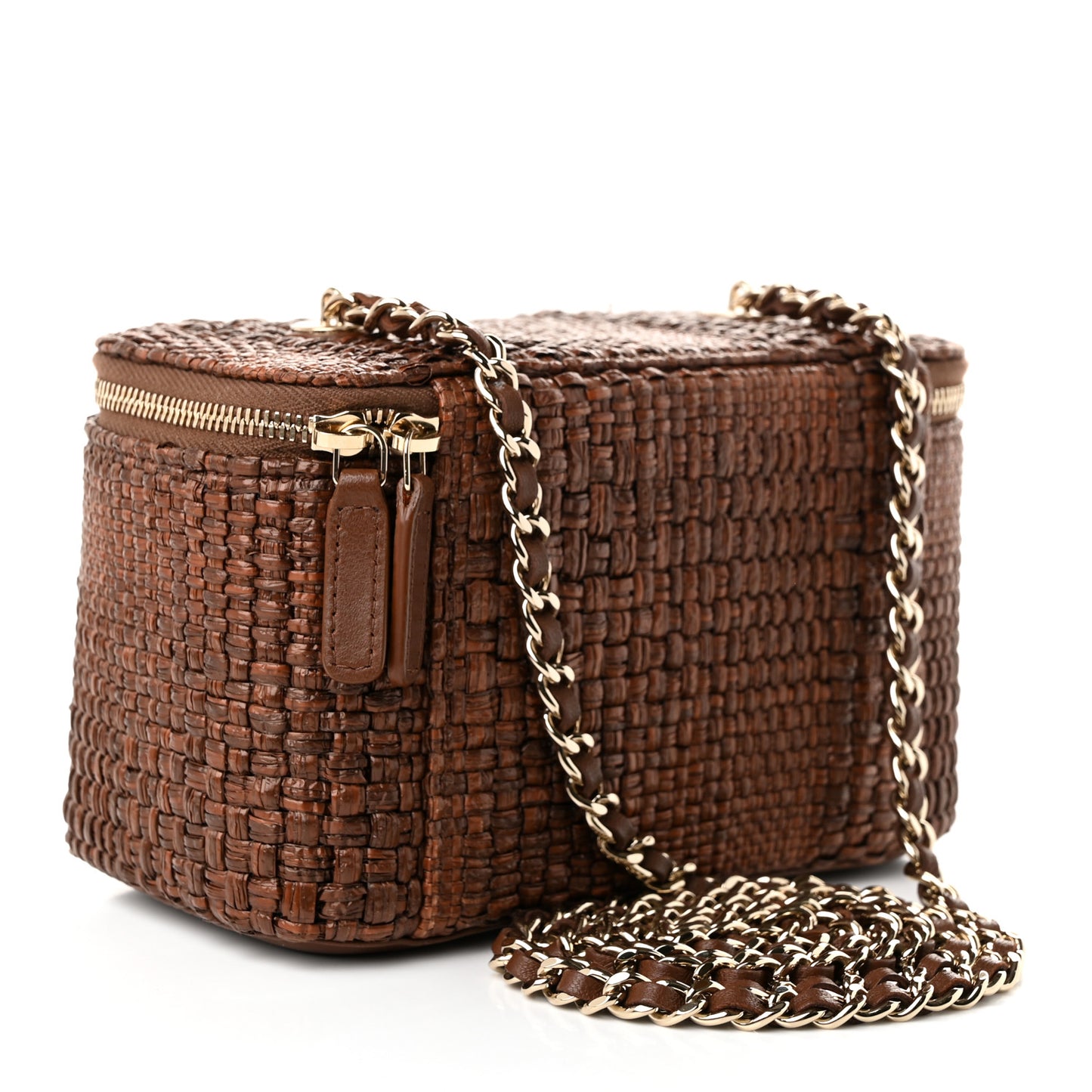 Braided Raffia Vanity Case With Chain Brown