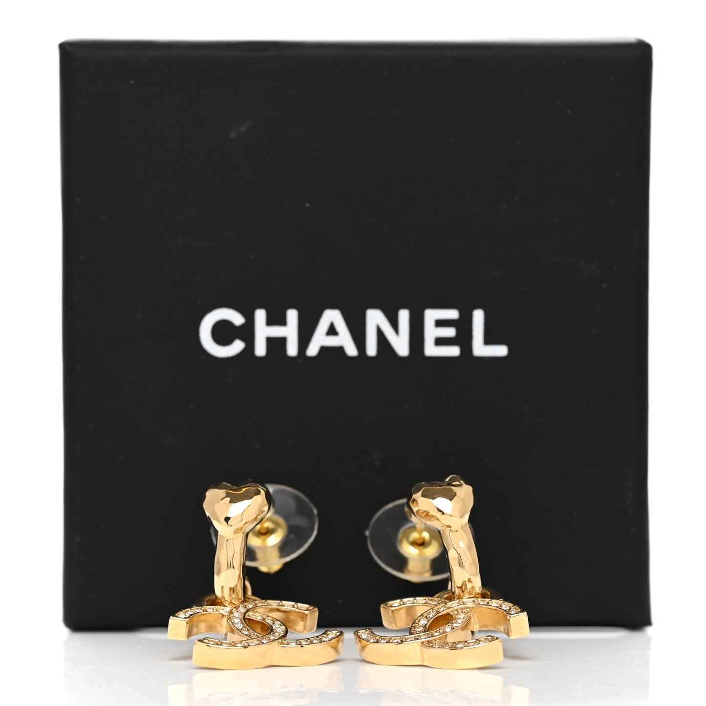 Metal Crystal CC Heart Drop Hoop Earrings Gold