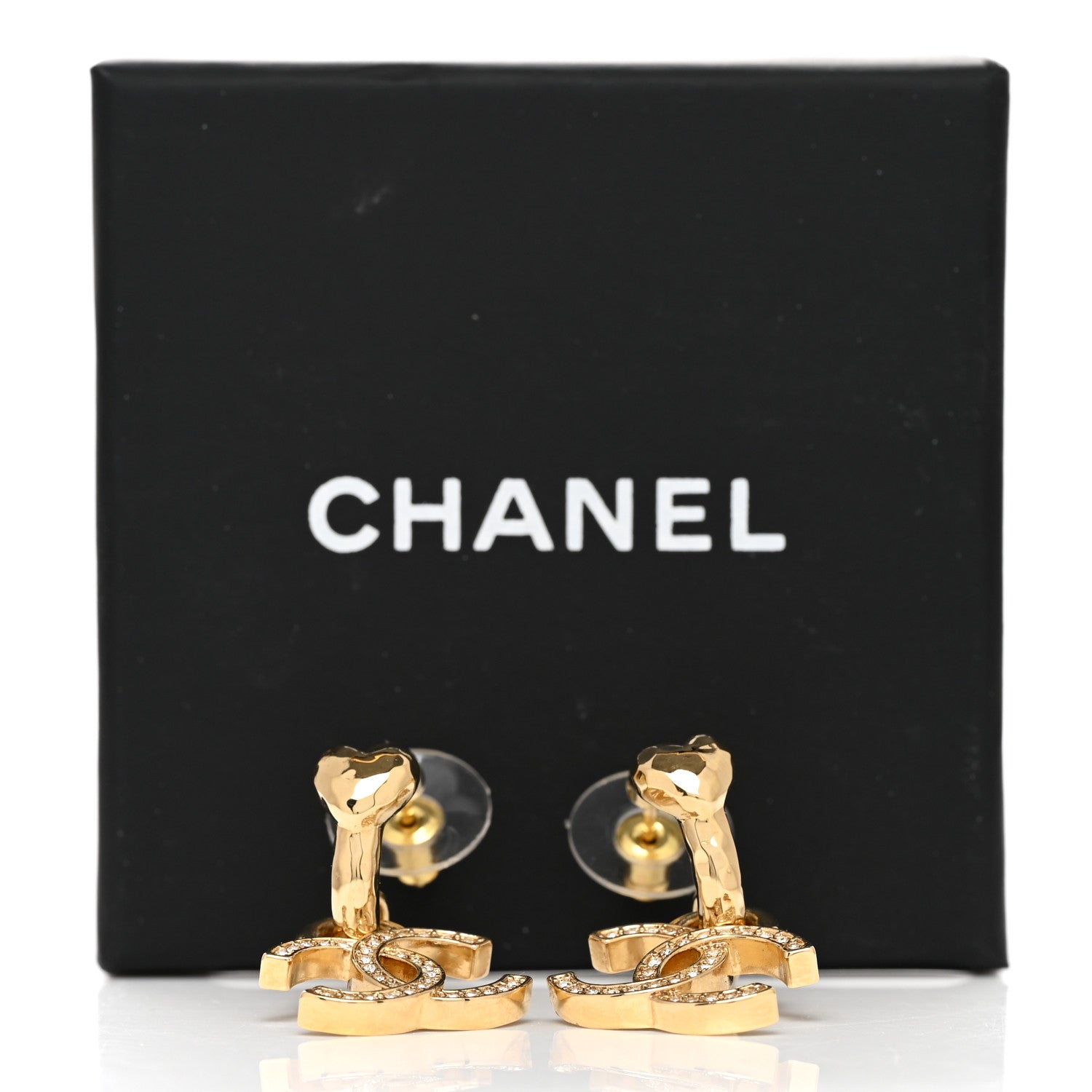 Chanel Metal Crystal CC Heart Drop Hoop Earrings Gold 5 of 5