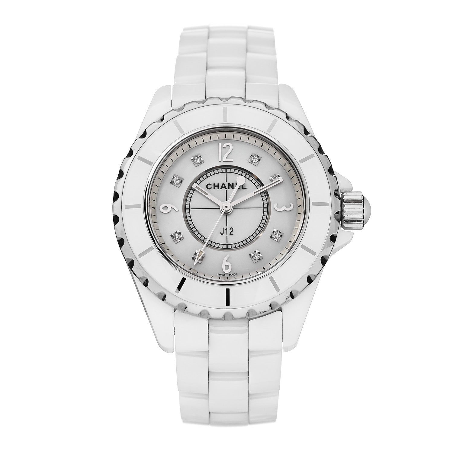 Chanel Stainless Steel Ceramic Diamond Mother of Pearl 33mm J12 Quartz Watch White 1 of 4