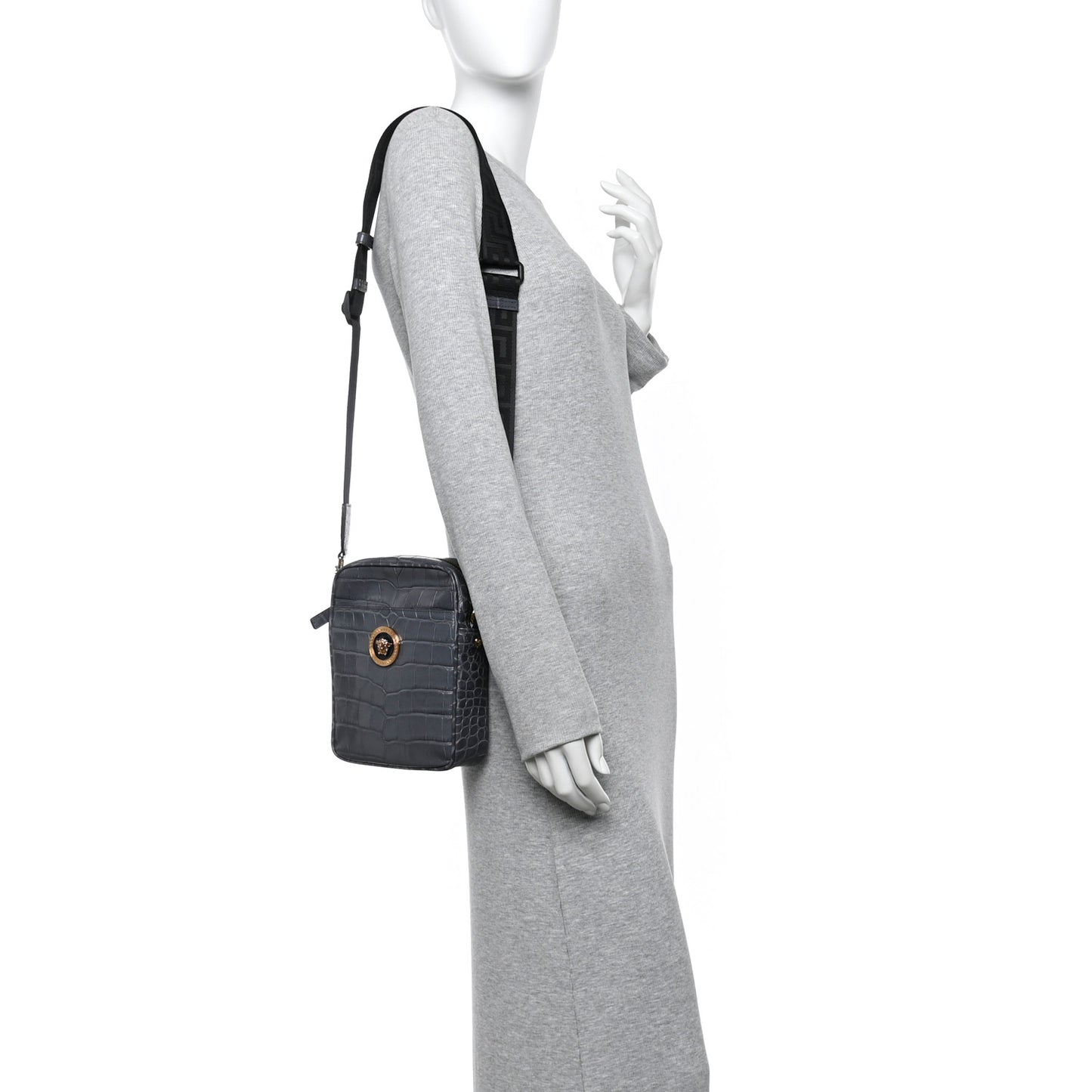 Calfskin Crocodile Embossed Medusa Messenger Bag Grey