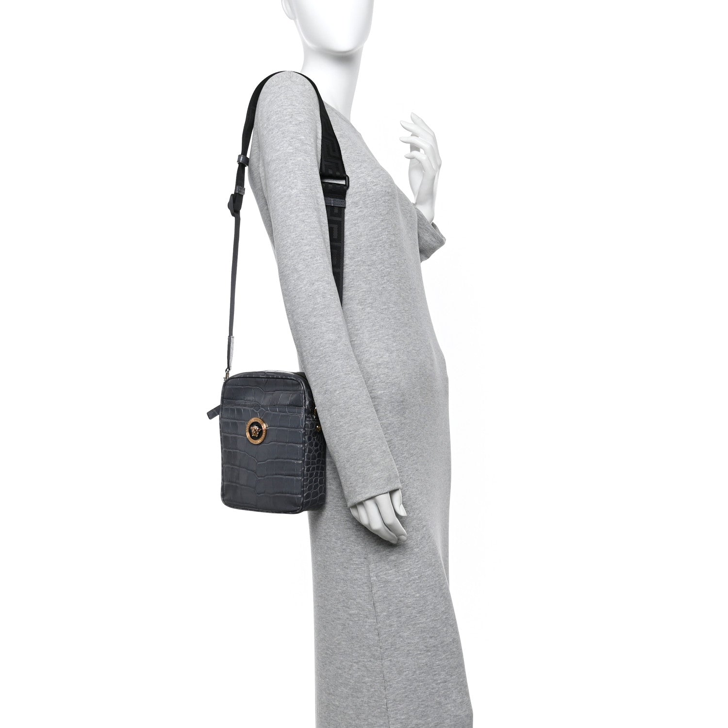 Versace Calfskin Crocodile Embossed Medusa Messenger Bag Grey 2 of 9