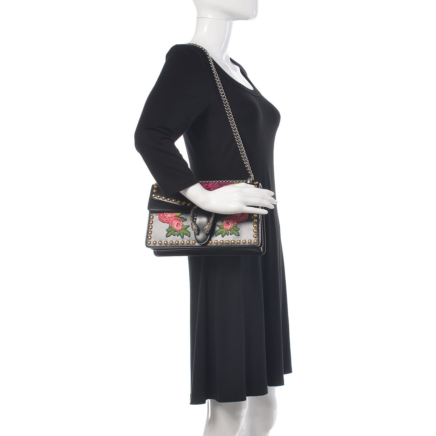 Calfskin Floral Embroidered Studded Small Dionysus Shoulder Bag Black