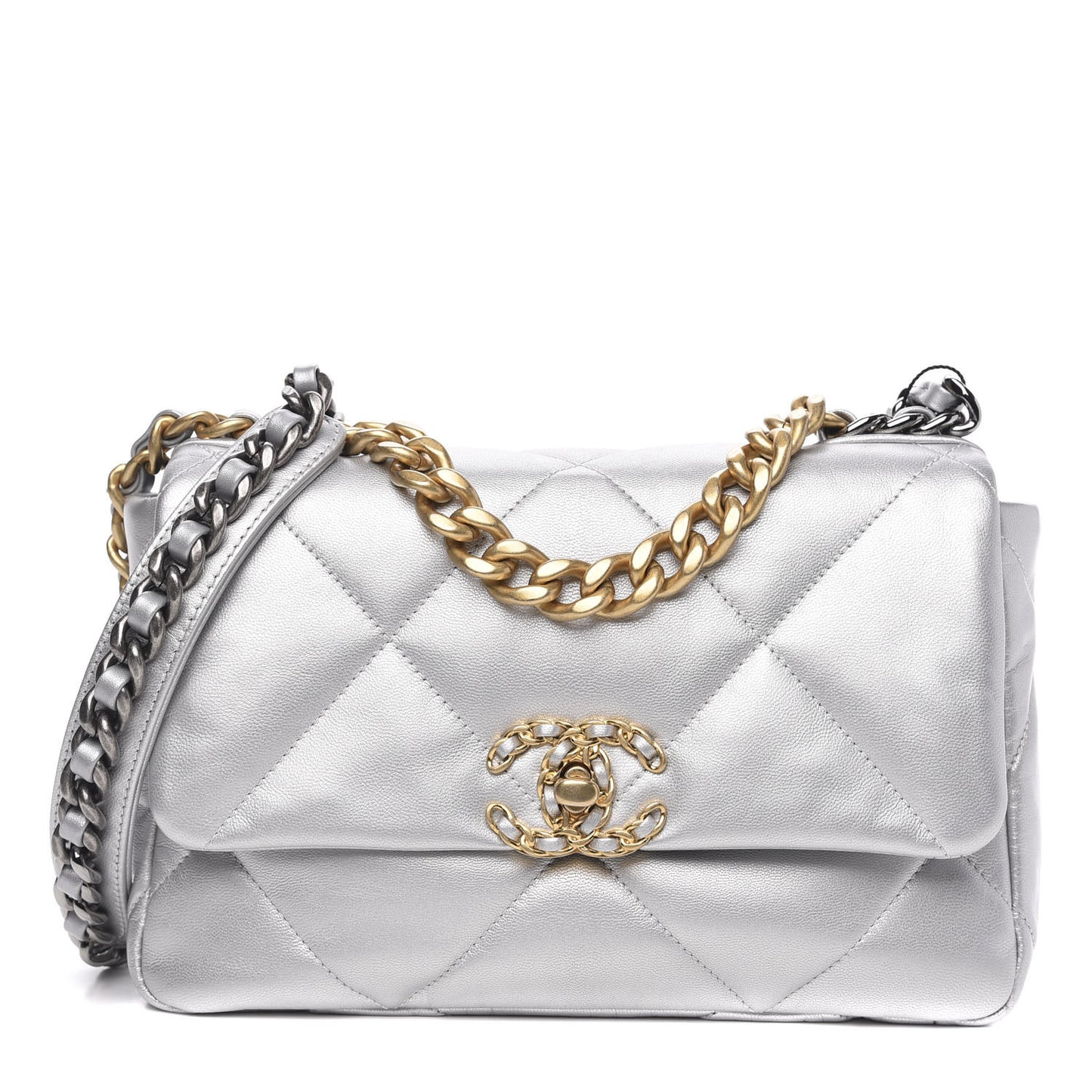 Metallic Goatskin Quilted Medium 19 Flap Silver