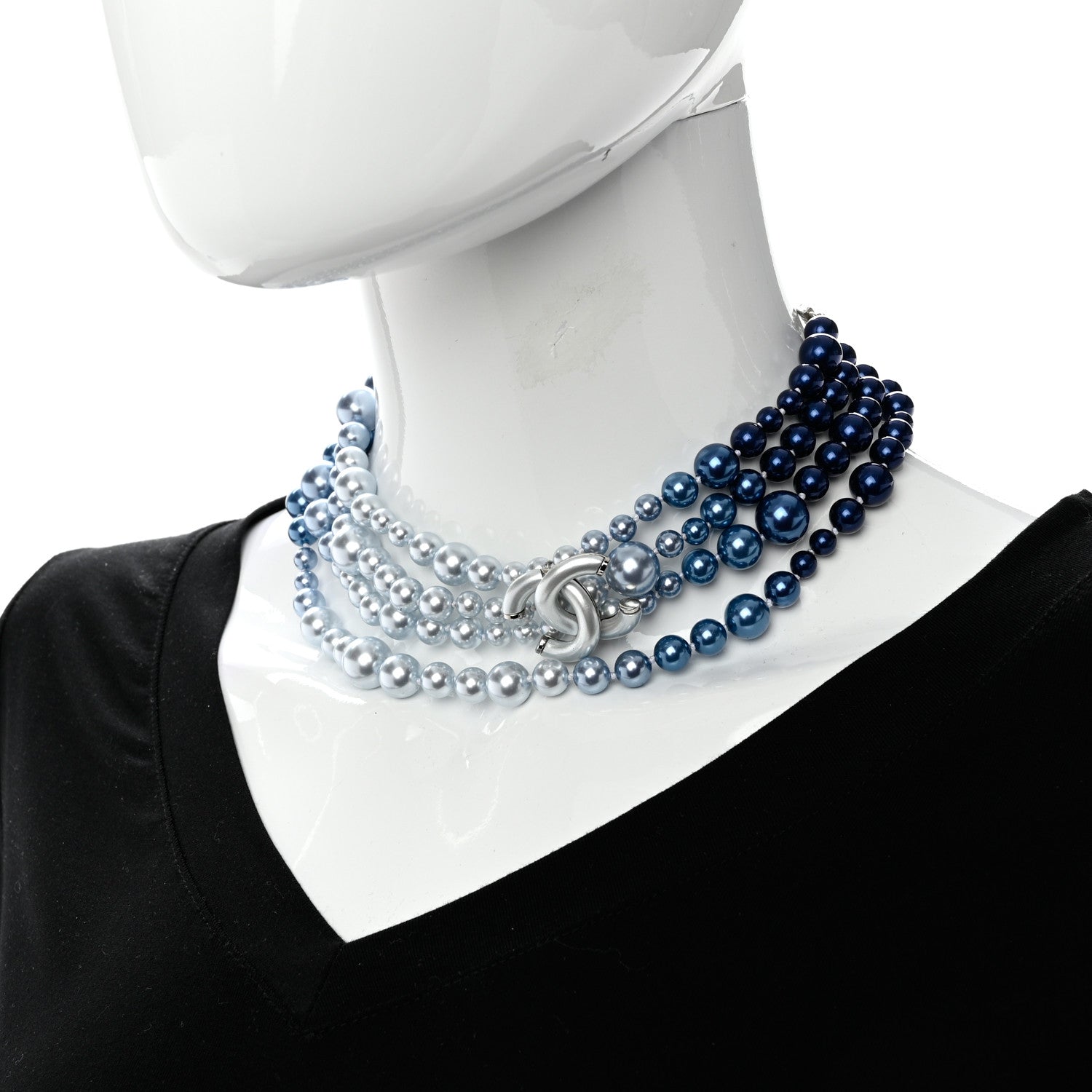 Chanel Pearl Beaded CC Multi Strand Choker Necklace Blue Silver 2 of 7