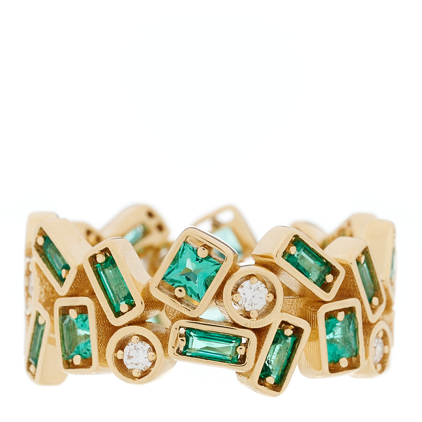 18K Yellow Gold Diamond Emerald Mosaic Ring 54 6.75