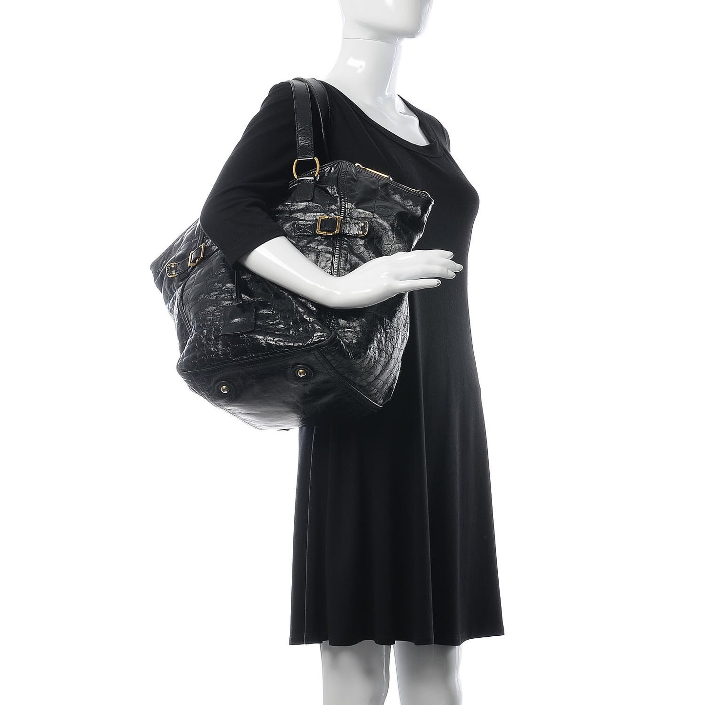 Patent Crocodile Embossed Medium Downtown Tote Black