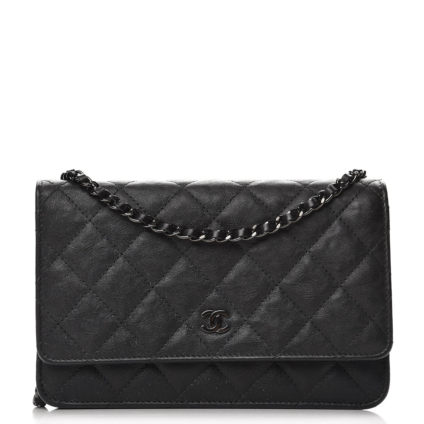 Crumpled Calfskin Quilted Wallet On Chain WOC So Black