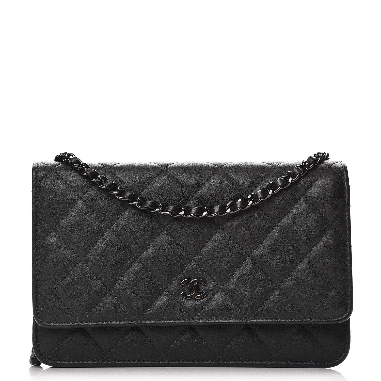 Chanel Crumpled Calfskin Quilted Wallet On Chain WOC So Black 1 of 9