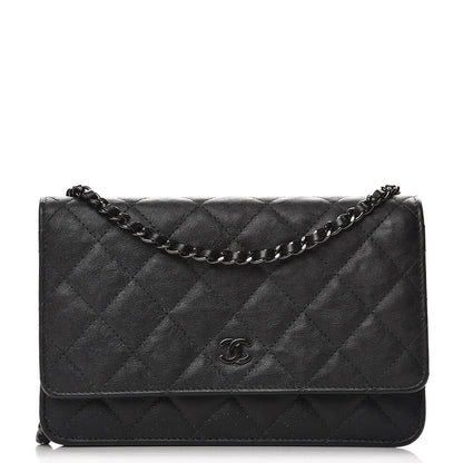 Chanel Crumpled Calfskin Quilted Wallet On Chain WOC So Black 1 of 9